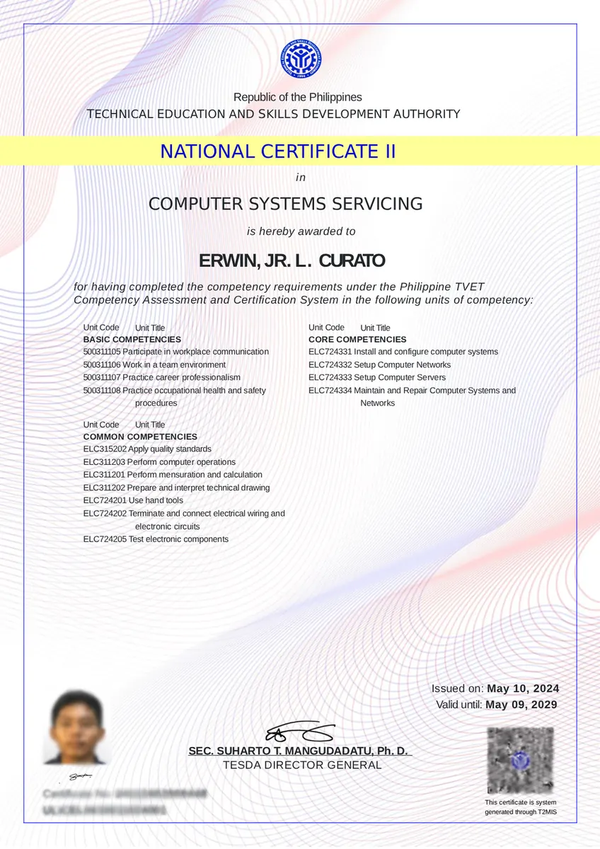 Computer Systems Servicing NC II credential preview